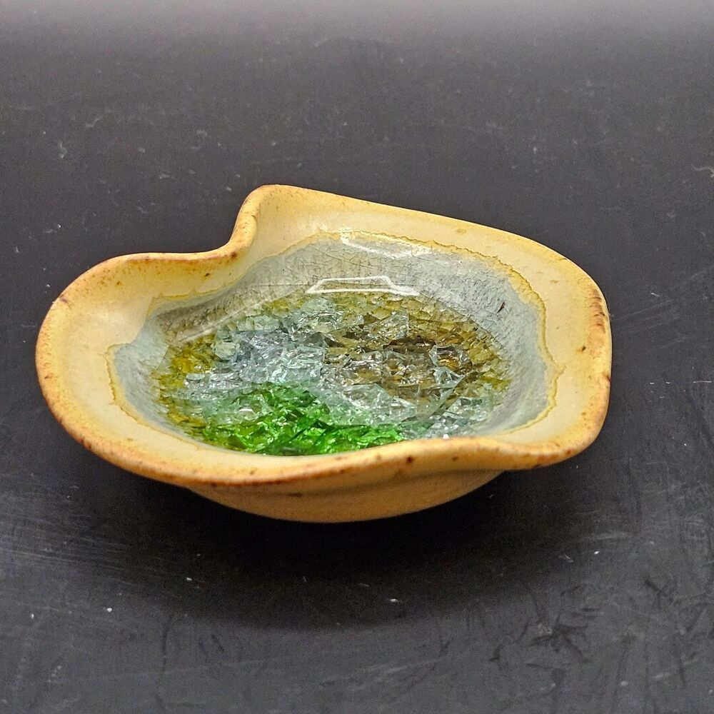 Art Pottery Fused Crackle Glass Trinket Dish Green Brown Glass Crystals